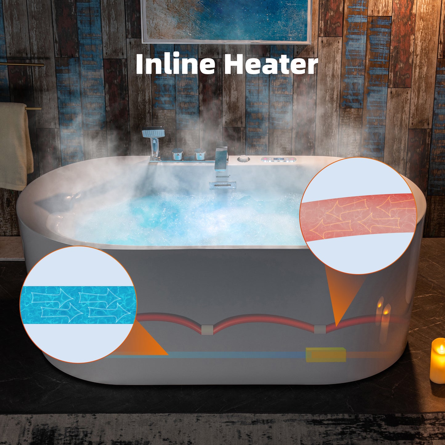 Woodbridge BJ100+F0041CH - 59" x 31-1/2" Whirlpool Combo Water Jetted and Air Bubble Freestanding Heated Bathtub LED Control Panel & Inline Heater
