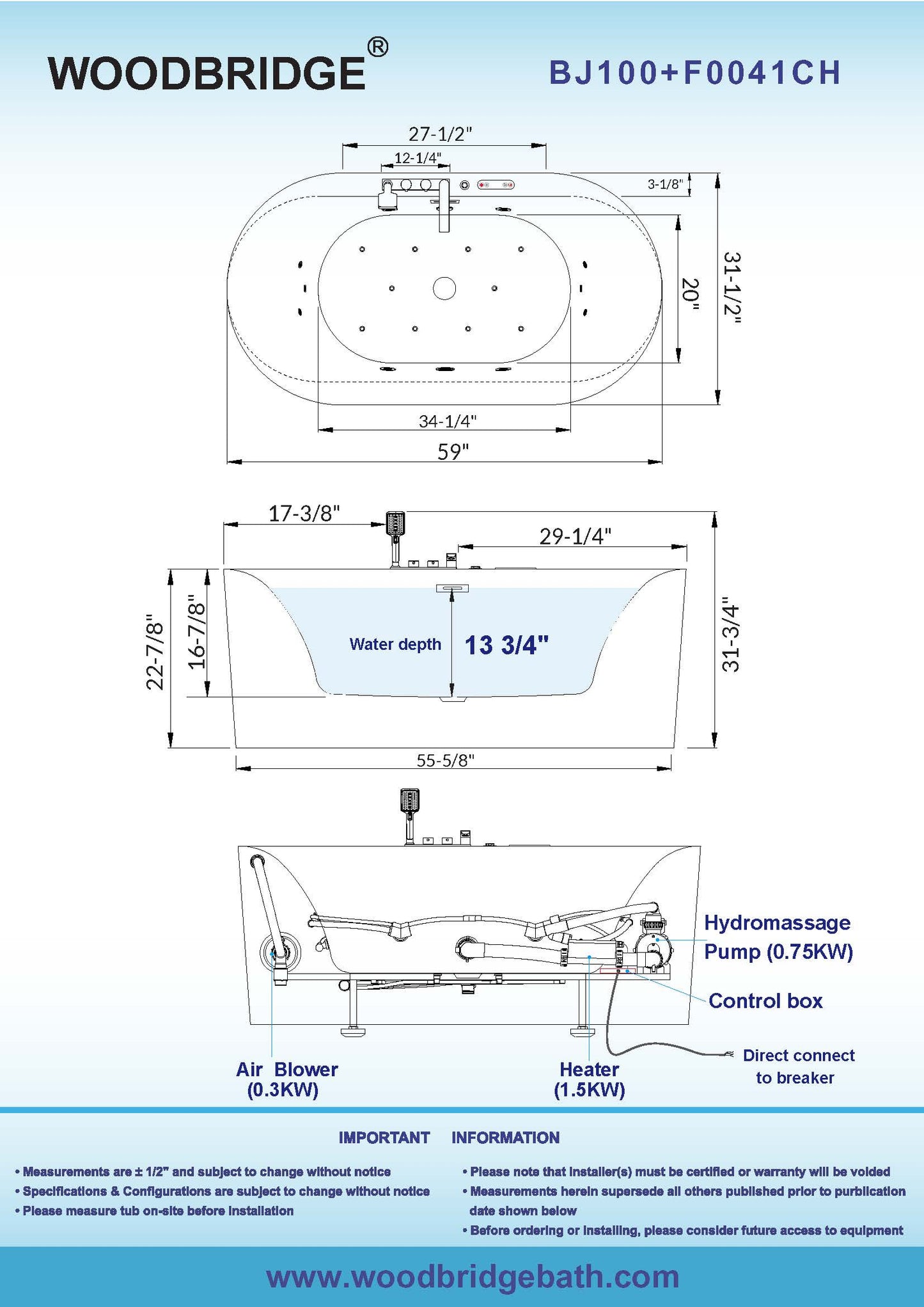Woodbridge BJ100+F0041CH - 59" x 31-1/2" Whirlpool Combo Water Jetted and Air Bubble Freestanding Heated Bathtub LED Control Panel & Inline Heater