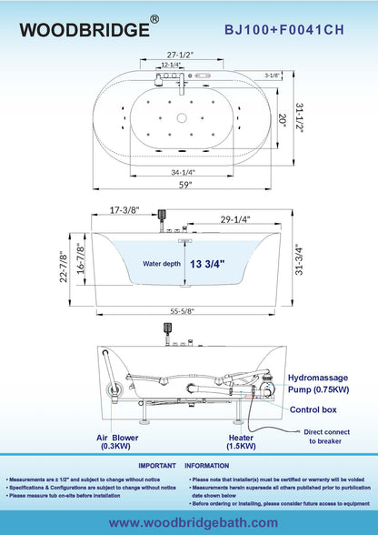 Woodbridge BJ100+F0041CH | 59" Heated Combo Tub with Integrated Chrome Faucet | Dual Massage Water Jet & Air System