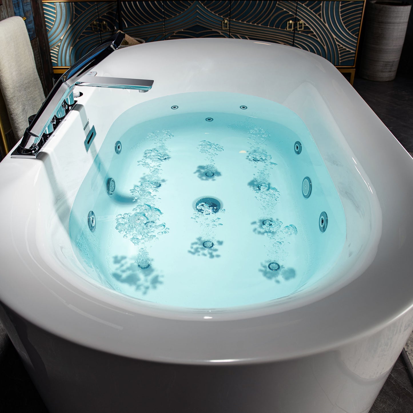 Woodbridge BJ100+F0041CH - 59" x 31-1/2" Whirlpool Combo Water Jetted and Air Bubble Freestanding Heated Bathtub LED Control Panel & Inline Heater