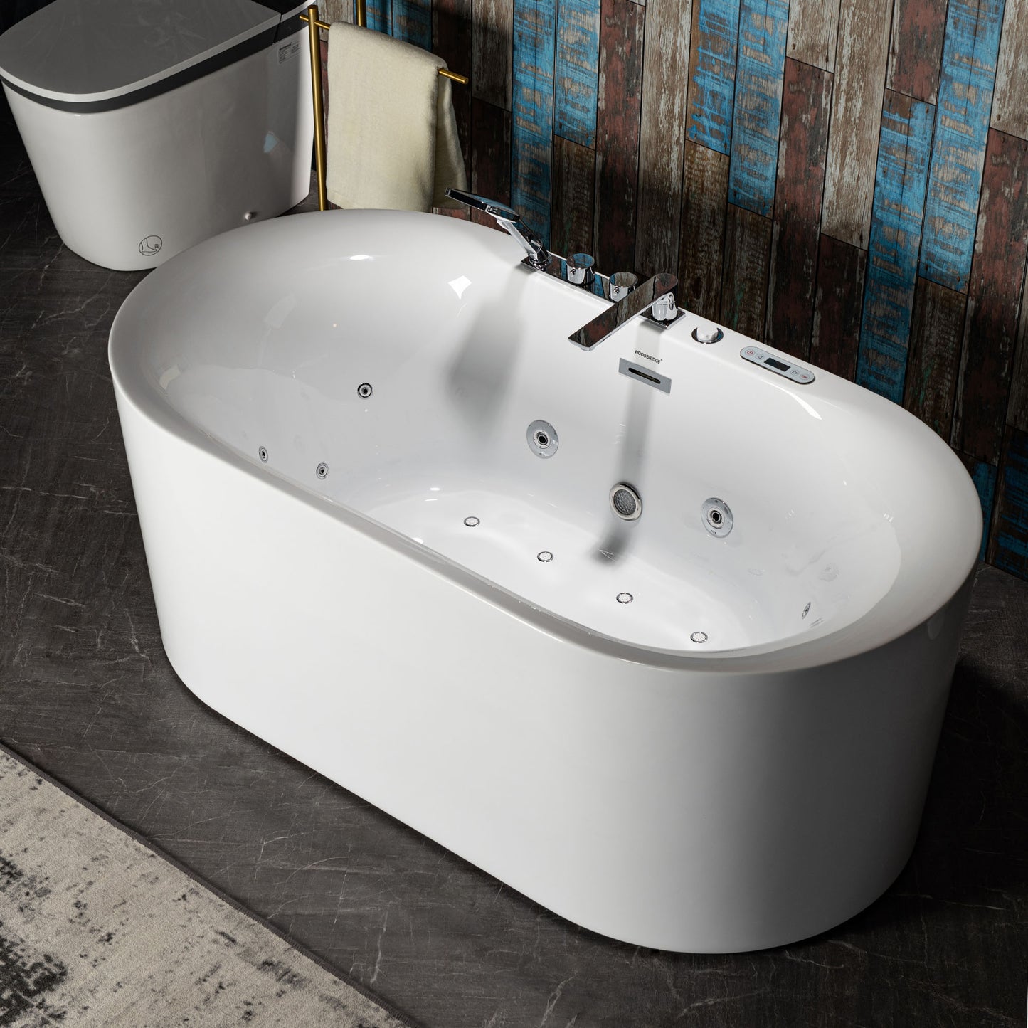 Woodbridge BJ100+F0041CH - 59" x 31-1/2" Whirlpool Combo Water Jetted and Air Bubble Freestanding Heated Bathtub LED Control Panel & Inline Heater