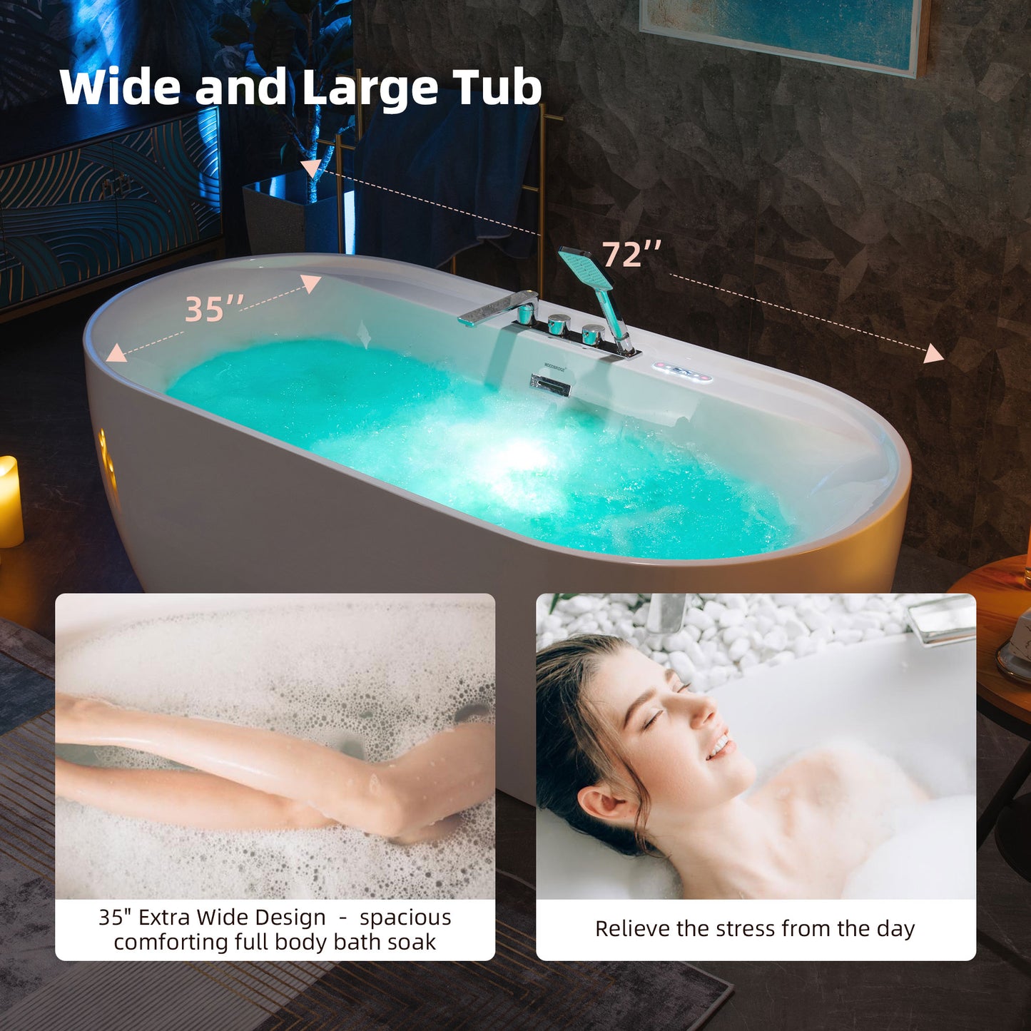 WOODBRIDGE BJ500+F0041CH 72" Whirlpool + Air Bubble Heated Soaking Tub with Adjustable Speed Air Blower & Pre-Installed Tub Filler and LED Control Panel