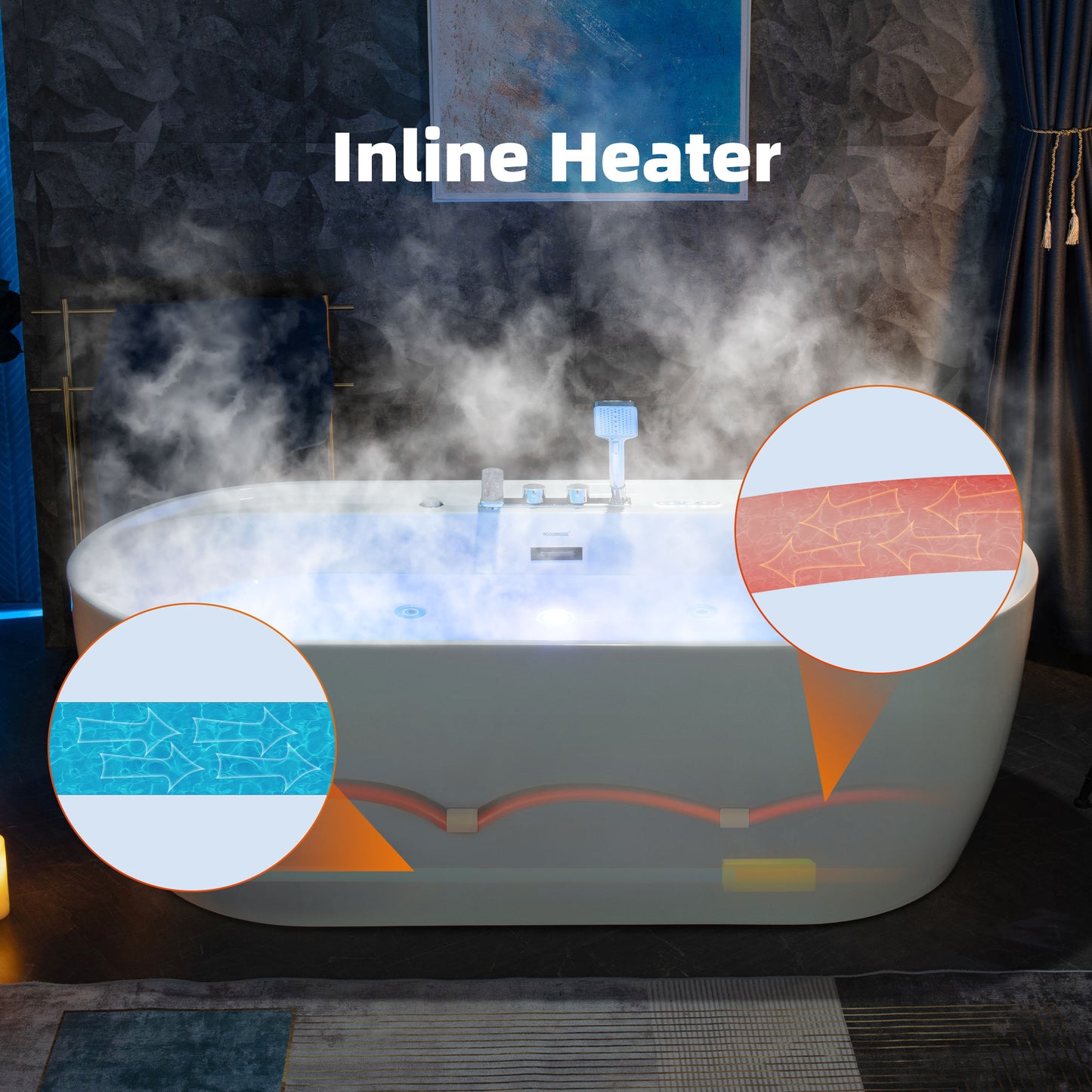 WOODBRIDGE BJ500+F0041CH 72" Whirlpool + Air Bubble Heated Soaking Tub with Adjustable Speed Air Blower & Pre-Installed Tub Filler and LED Control Panel