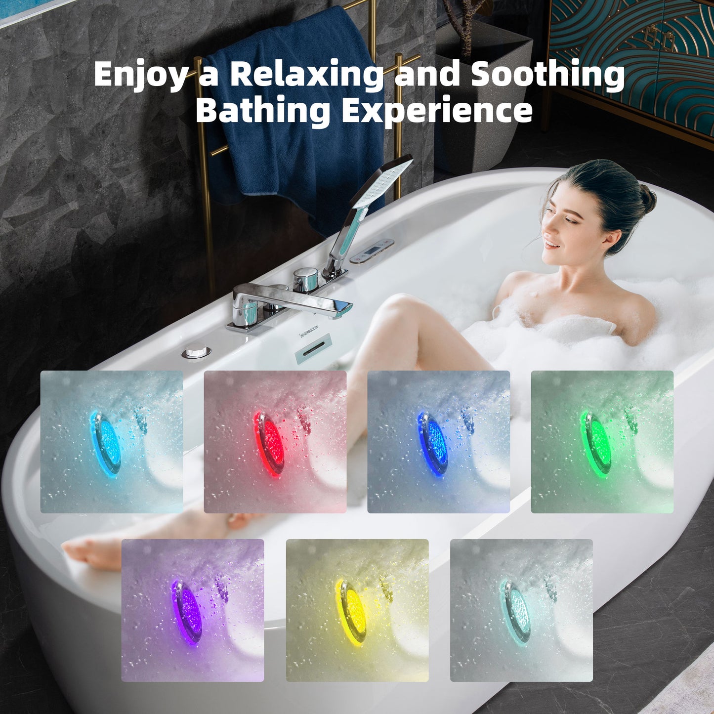 WOODBRIDGE BJ500+F0041CH 72" Whirlpool + Air Bubble Heated Soaking Tub with Adjustable Speed Air Blower & Pre-Installed Tub Filler and LED Control Panel