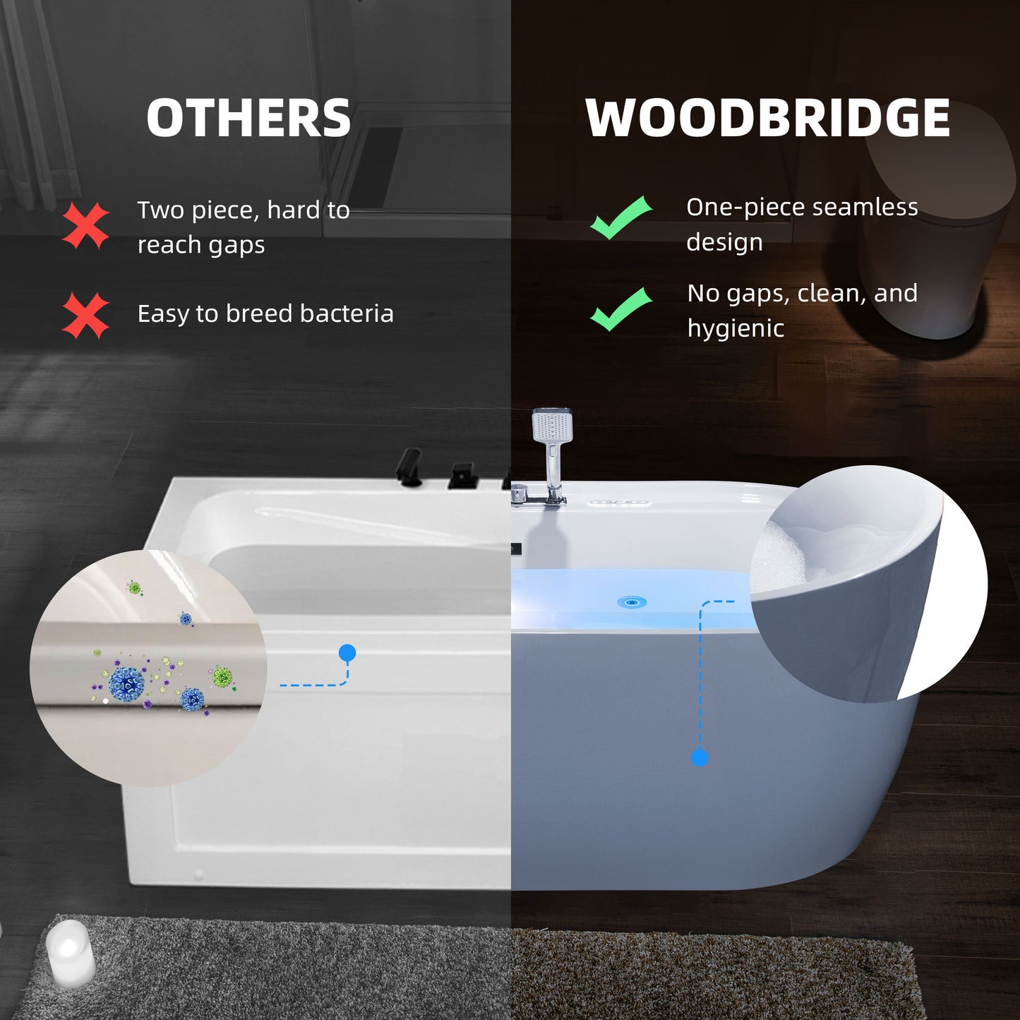 WOODBRIDGE BJ500+F0041CH 72" Whirlpool + Air Bubble Heated Soaking Tub with Adjustable Speed Air Blower & Pre-Installed Tub Filler and LED Control Panel