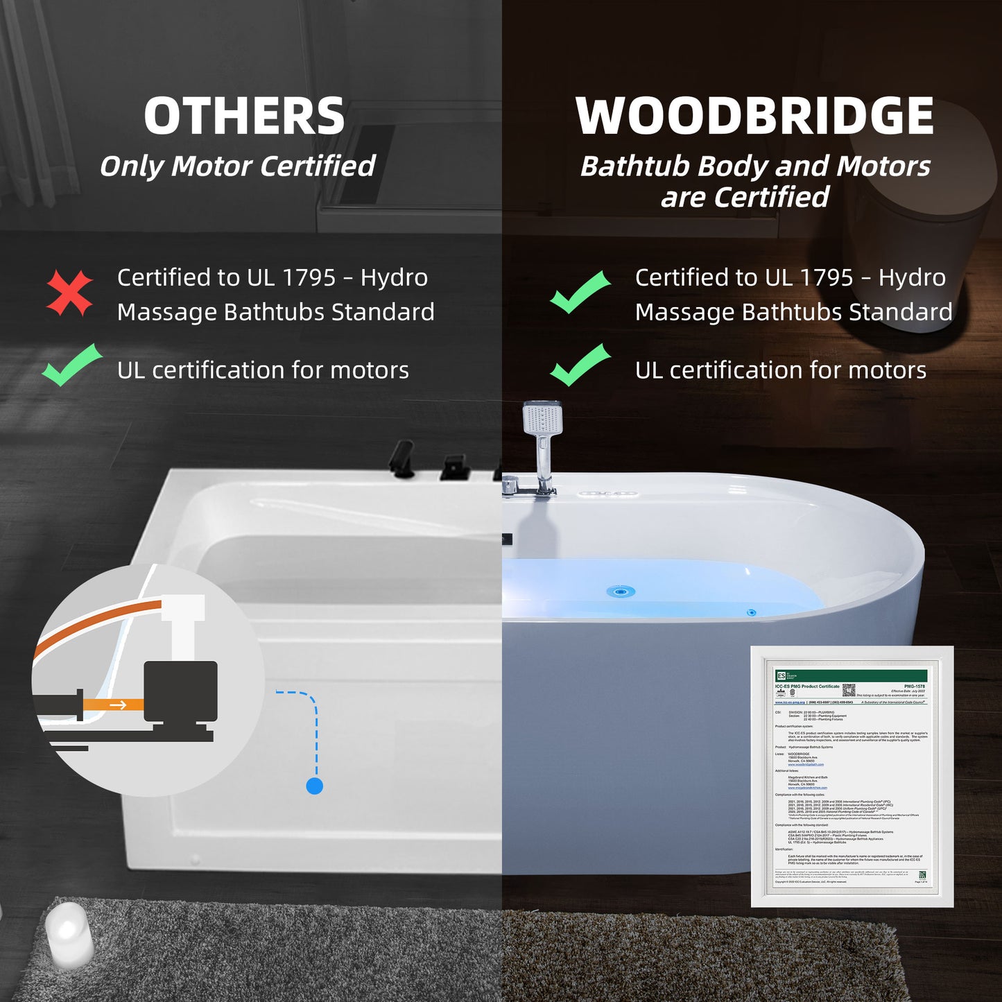 WOODBRIDGE BJ500+F0041CH 72" Whirlpool + Air Bubble Heated Soaking Tub with Adjustable Speed Air Blower & Pre-Installed Tub Filler and LED Control Panel