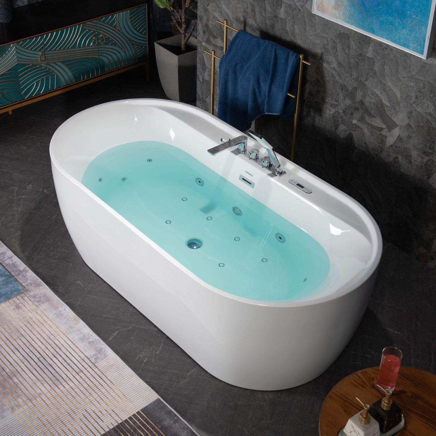 WOODBRIDGE BJ500+F0041CH 72" Whirlpool + Air Bubble Heated Soaking Tub with Adjustable Speed Air Blower & Pre-Installed Tub Filler and LED Control Panel