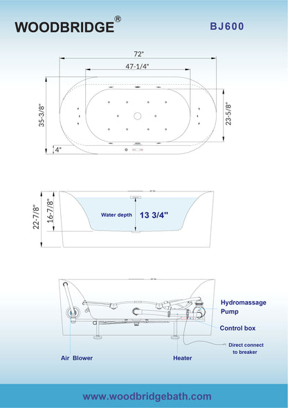 Woodbridge BJ600 | 72" Deep Soaking Jetted Tub | Heated Combo & Adjustable Blower