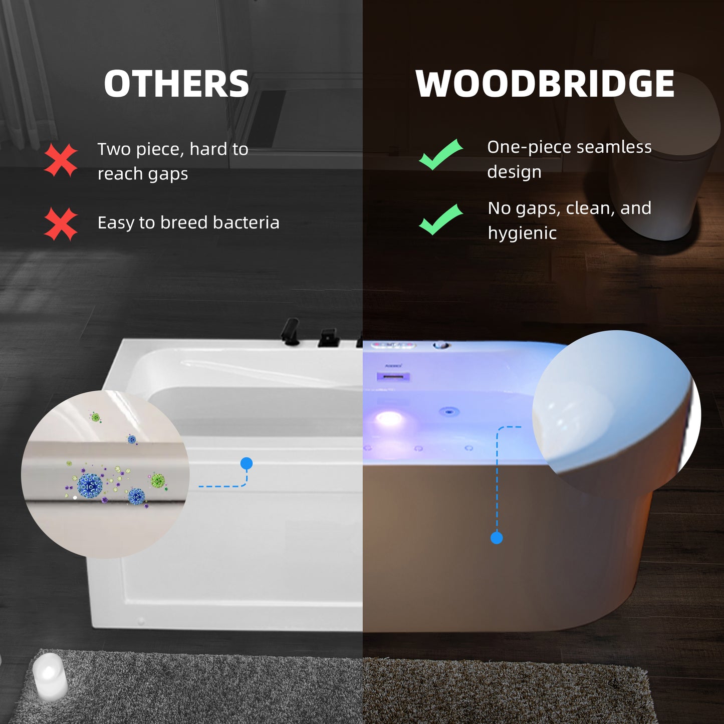 WOODBRIDGE BJ600 72" x 35-3/8" Whirlpool Jet + Air Bath Heated Soaking Combo Tub with Adjustable Speed Air Blower & Display Control Panel