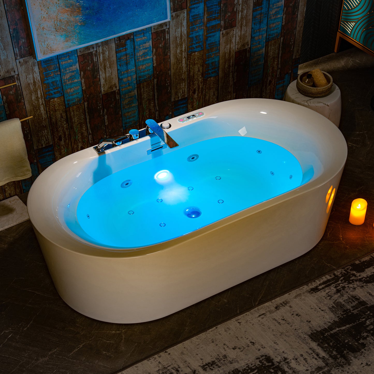 WOODBRIDGE  BJ600+F0041CH (72" x 35-3/8") Whirlpool + Air Bath Heated Soaking Combination Tub with Adjustable Speed Air Bubbles Built In Faucet and LED Control Panel