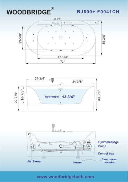 72" Deep Soaking Tub with Faucet | Heated Combo, Adjustable Speed | BJ600+F0041CH