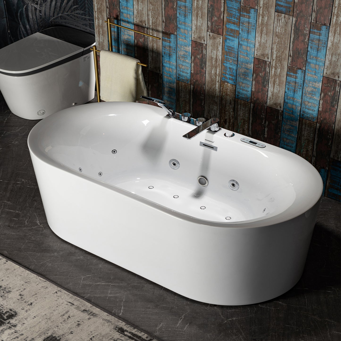 WOODBRIDGE  BJ600+F0041CH (72" x 35-3/8") Whirlpool + Air Bath Heated Soaking Combination Tub with Adjustable Speed Air Bubbles Built In Faucet and LED Control Panel