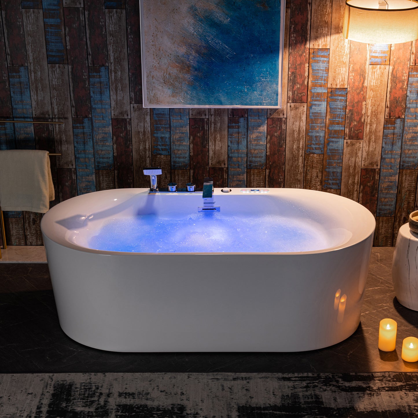 WOODBRIDGE  BJ600+F0041CH (72" x 35-3/8") Whirlpool + Air Bath Heated Soaking Combination Tub with Adjustable Speed Air Bubbles Built In Faucet and LED Control Panel