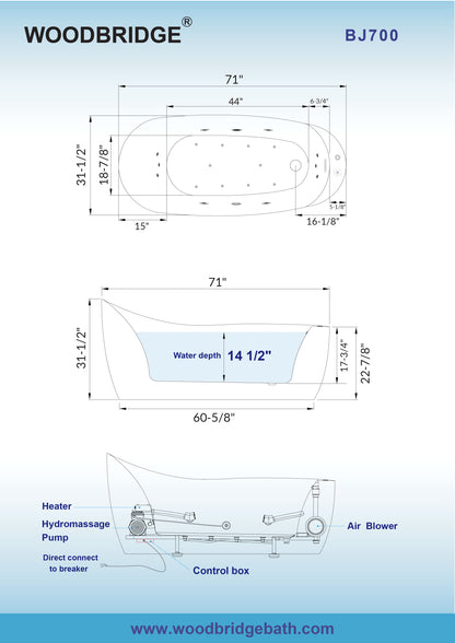 Woodbridge BJ700 71" Heated Whirlpool & Air Bath | Single Slipper Freestanding Tub
