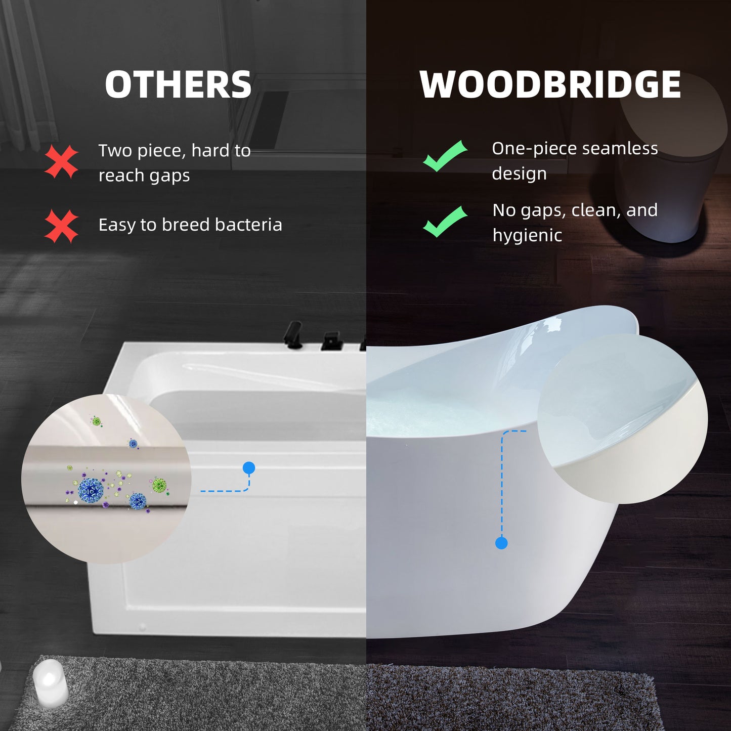 WOODBRIDGE BJ700 - 71" x 31-1/2" Whirlpool Jet + Air Bath Heated Soaking Combo Tub with Multi Speed Air Blower & Control Panel