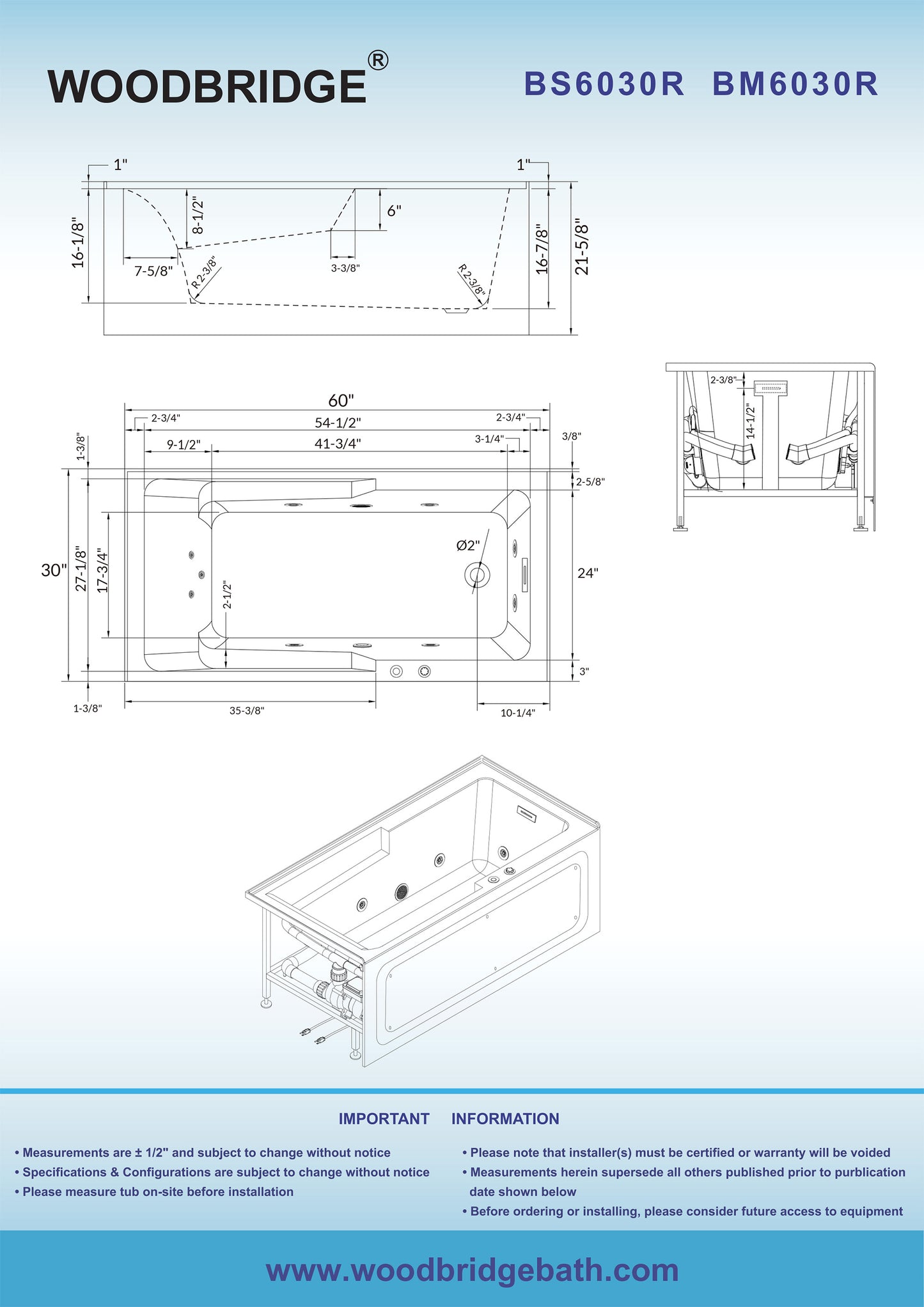 WOODBRIDGE BM6030R - 60" Alcove Rectangular Jetted Whirlpool Tub with Right Drain, Inline Heater, and Matte Black Finish Trim + Pop-up Drain
