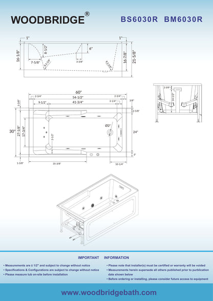 WOODBRIDGE BM6030R - 60" Alcove Rectangular Jetted Whirlpool Tub with Right Drain, Inline Heater, and Matte Black Finish Trim + Pop-up Drain