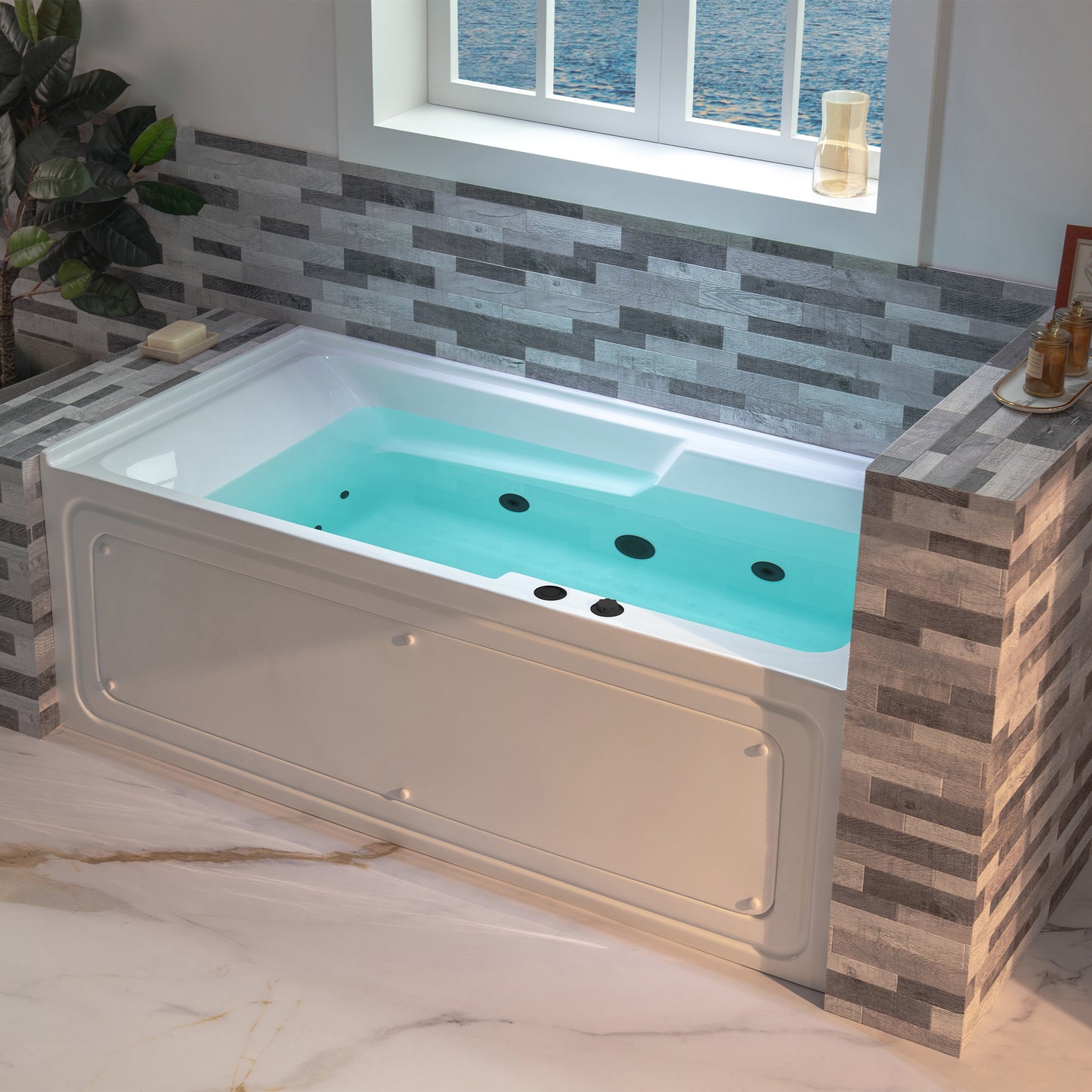 WOODBRIDGE BM6030R - 60" Alcove Rectangular Jetted Whirlpool Tub with Right Drain, Inline Heater, and Matte Black Finish Trim + Pop-up Drain
