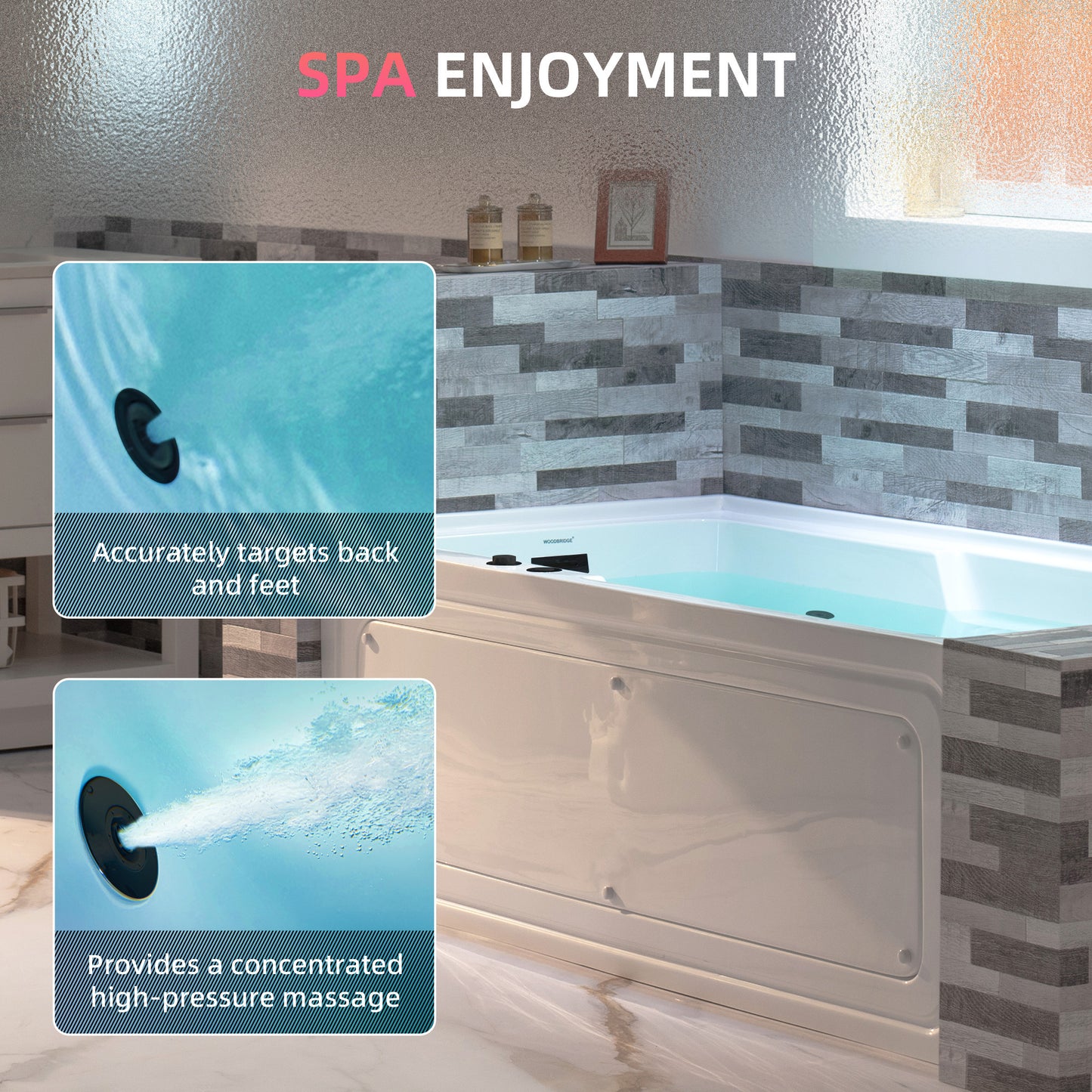 WOODBRIDGE BM6030L - 60" Alcove Acrylic Rectangular Whirlpool Heated Jetted Tub in White with Left Drain, Matte Black Finish Trim and Drain Kit Included