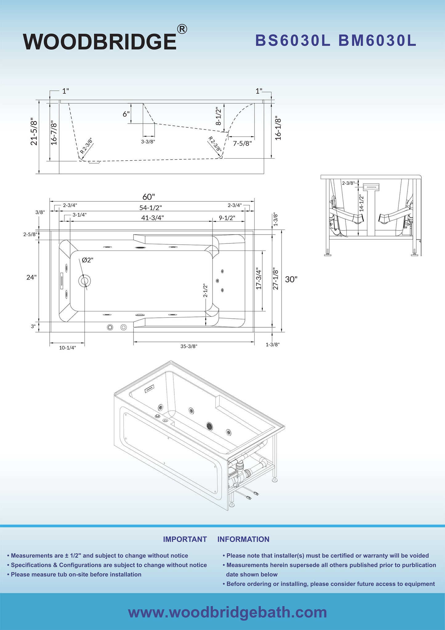 WOODBRIDGE BM6030L - 60" Alcove Acrylic Rectangular Whirlpool Heated Jetted Tub in White with Left Drain, Matte Black Finish Trim and Drain Kit Included