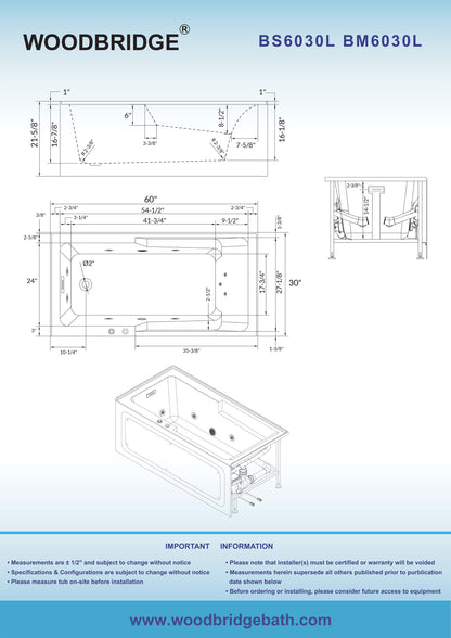 WOODBRIDGE BM6030L - 60" Alcove Acrylic Rectangular Whirlpool Heated Jetted Tub in White with Left Drain, Matte Black Finish Trim and Drain Kit Included