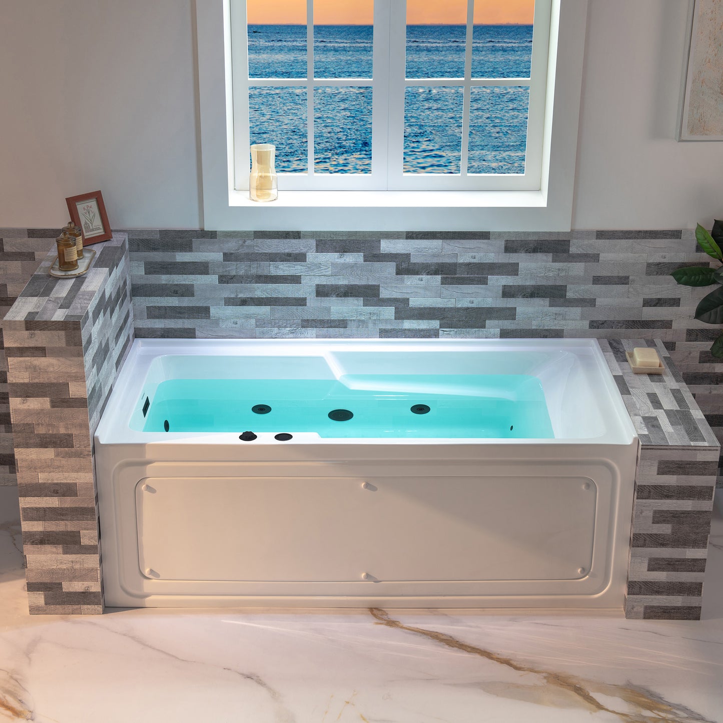 WOODBRIDGE BM6030L - 60" Alcove Acrylic Rectangular Whirlpool Heated Jetted Tub in White with Left Drain, Matte Black Finish Trim and Drain Kit Included