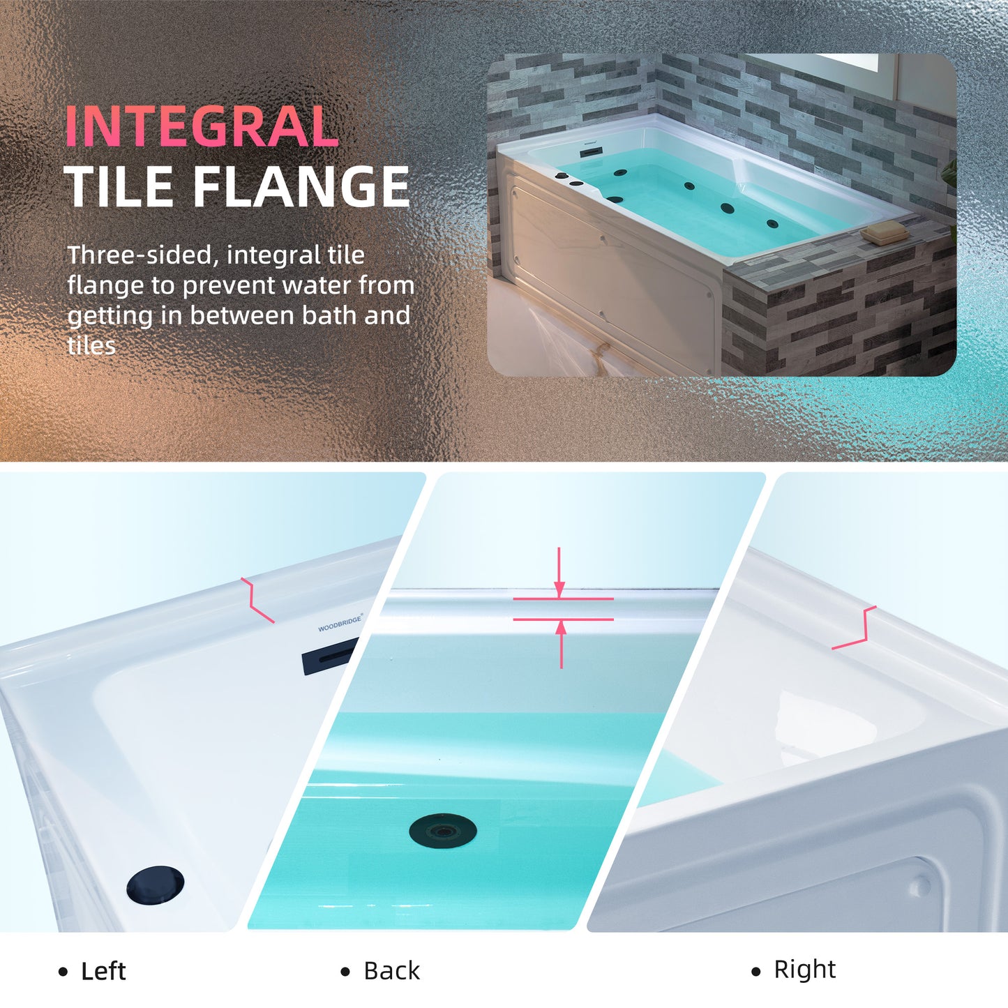 WOODBRIDGE BM6030L - 60" Alcove Acrylic Rectangular Whirlpool Heated Jetted Tub in White with Left Drain, Matte Black Finish Trim and Drain Kit Included