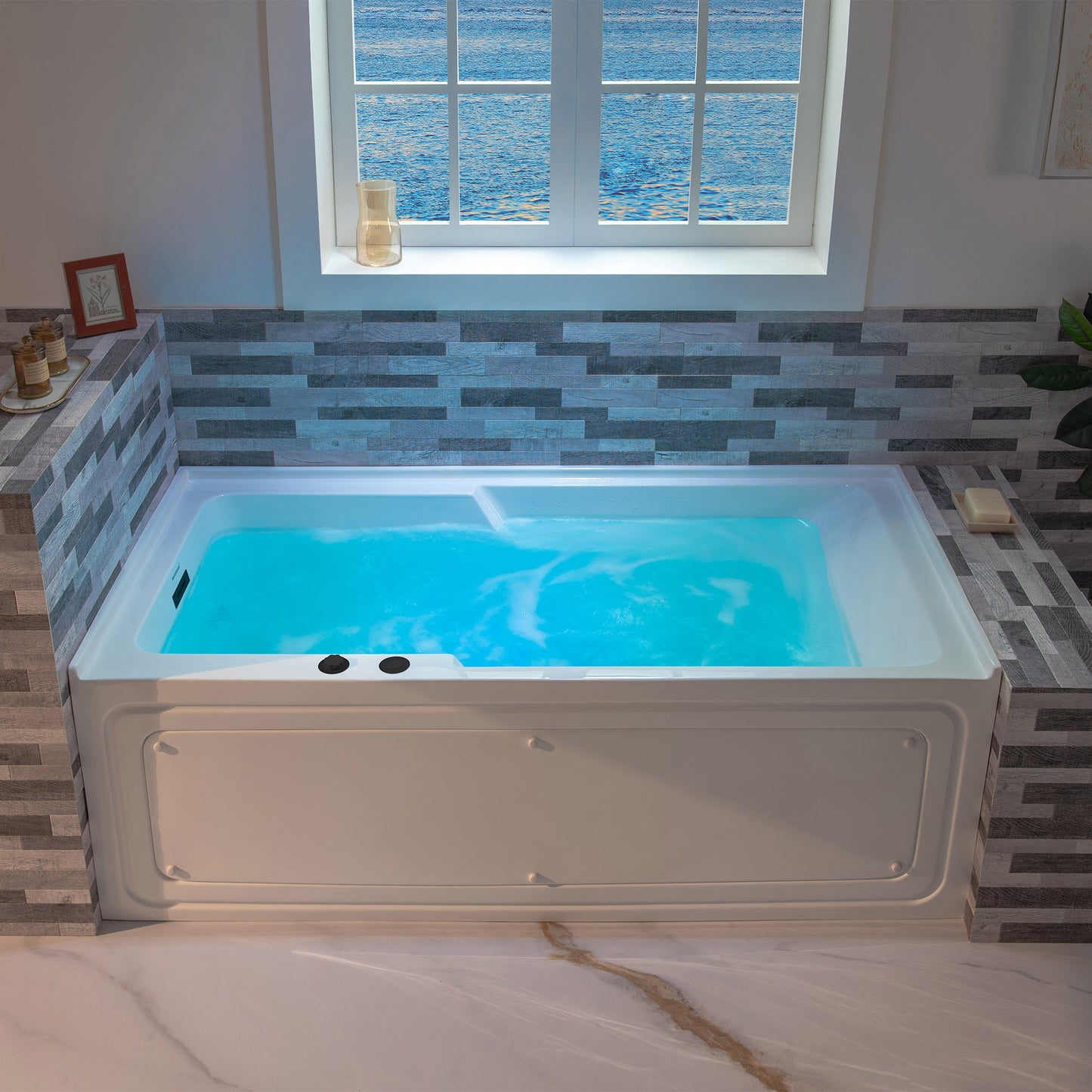 WOODBRIDGE BM6030L - 60" Alcove Acrylic Rectangular Whirlpool Heated Jetted Tub in White with Left Drain, Matte Black Finish Trim and Drain Kit Included