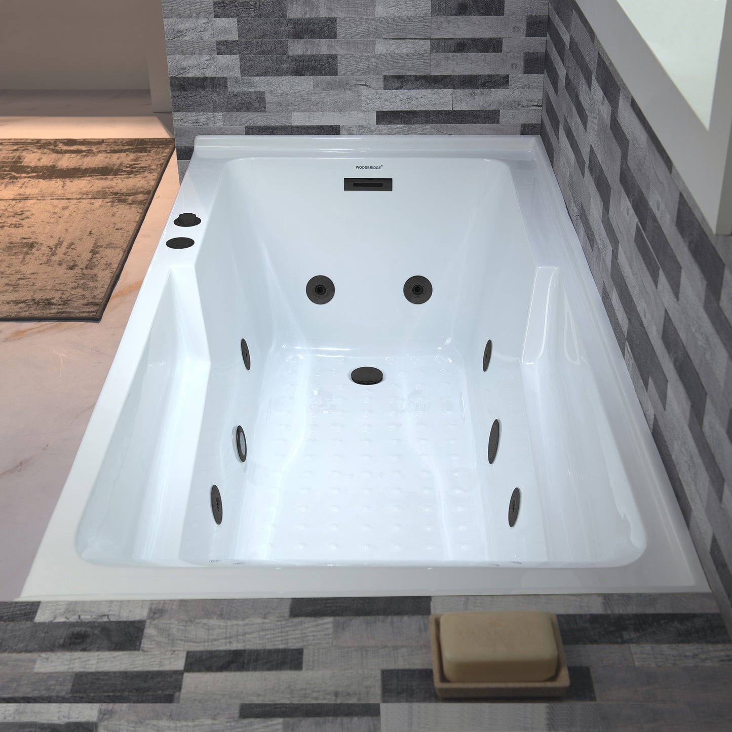WOODBRIDGE BM6030L - 60" Alcove Acrylic Rectangular Whirlpool Heated Jetted Tub in White with Left Drain, Matte Black Finish Trim and Drain Kit Included