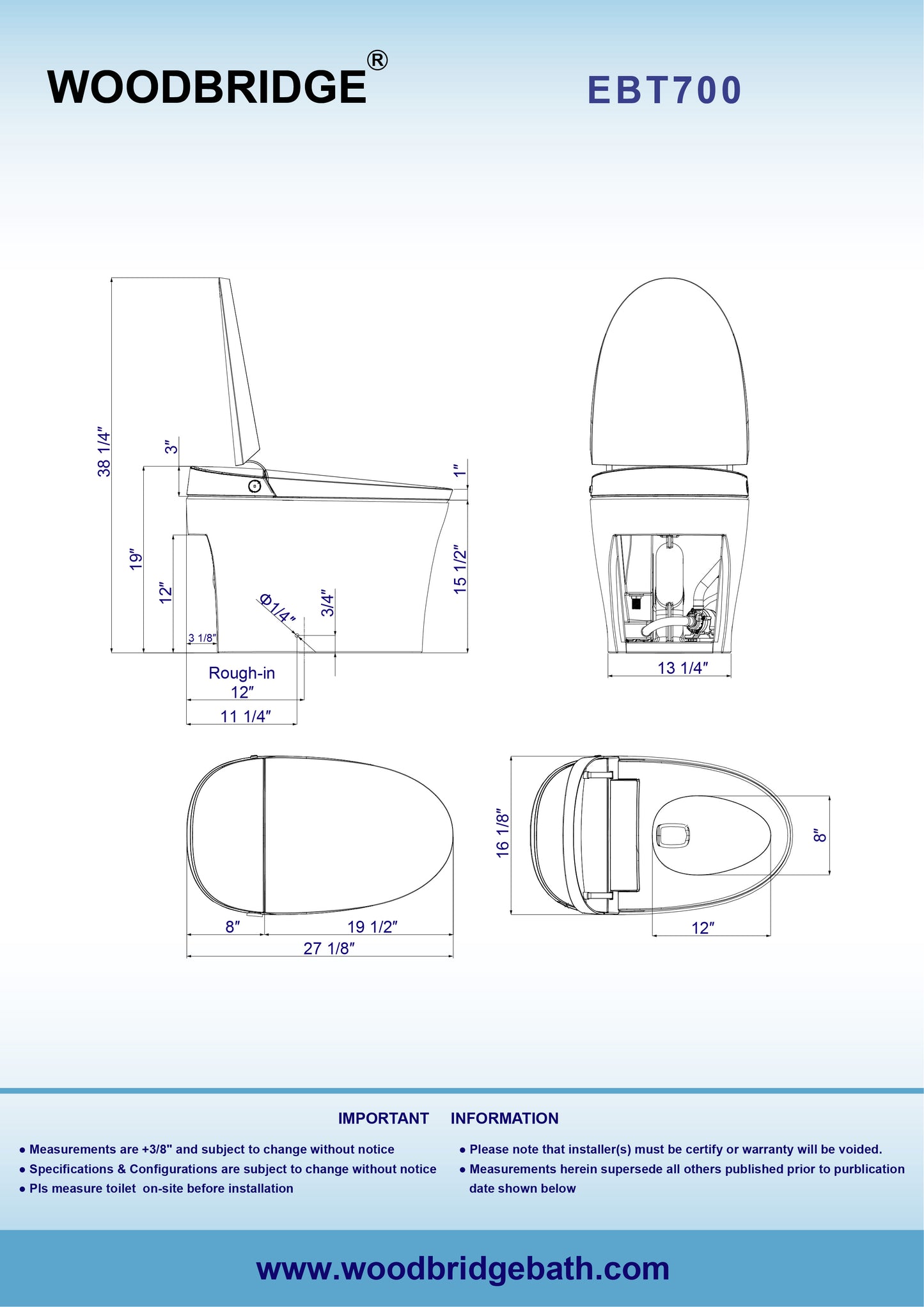 WOODBRIDGE EBT700 | 1.6 GPF Smart Bidet Toilet | Auto Open Lid | Heated Seat & Auto Flush | Warm Air Dryer | Deodorizing