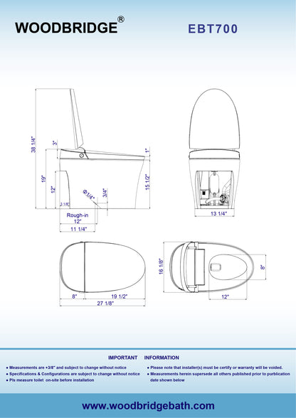 WOODBRIDGE EBT700 | 1.6 GPF Smart Bidet Toilet | Auto Open Lid | Heated Seat & Auto Flush | Warm Air Dryer | Deodorizing