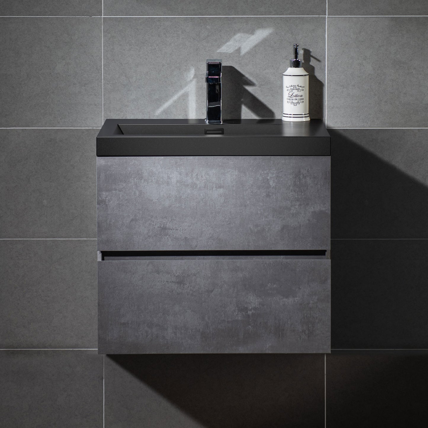 WOODBRIDGE | Floating Bathroom Vanity with Black Quartz Composite Top | Gray Finish | Matte Black Countertop Sink
