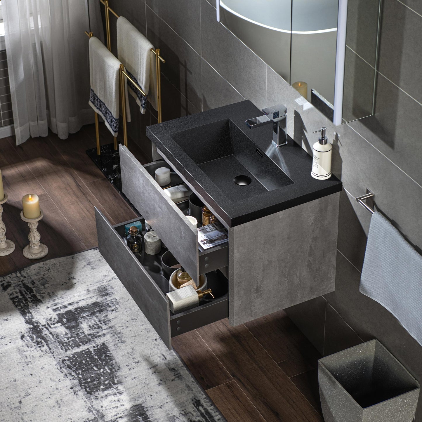 WOODBRIDGE | Floating Bathroom Vanity with Black Quartz Composite Top | Gray Finish | Matte Black Countertop Sink