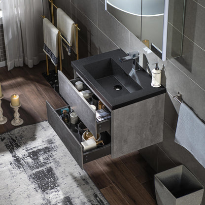 WOODBRIDGE | Floating Bathroom Vanity with Black Quartz Composite Top | Gray Finish | Matte Black Countertop Sink