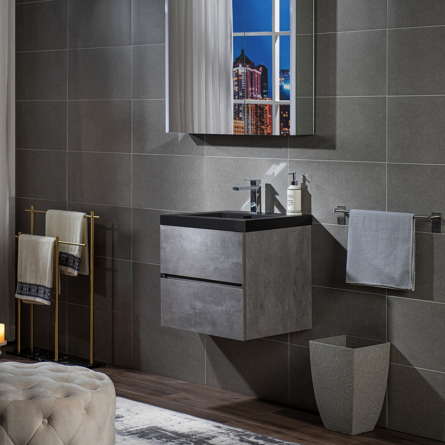 WOODBRIDGE | Floating Bathroom Vanity with Black Quartz Composite Top | Gray Finish | Matte Black Countertop Sink