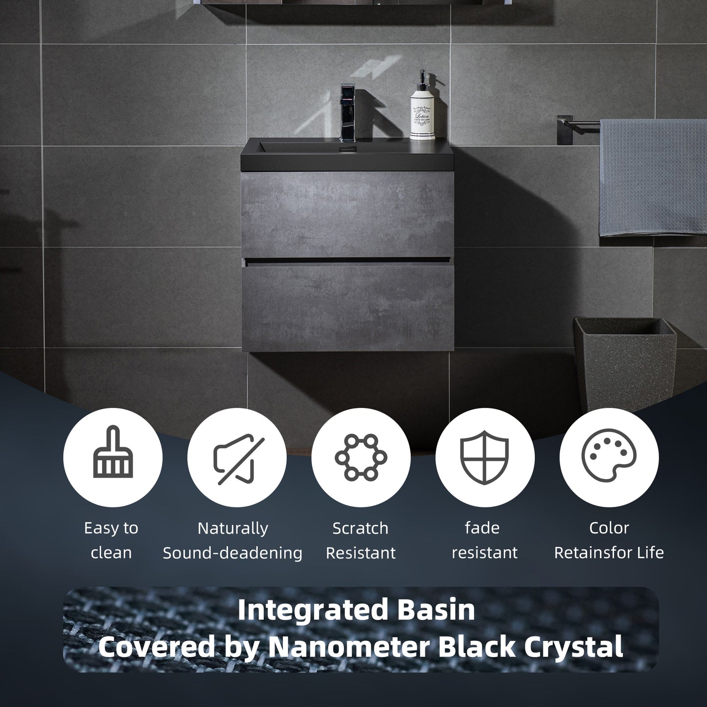WOODBRIDGE | Floating Bathroom Vanity with Black Quartz Composite Top | Gray Finish | Matte Black Countertop Sink