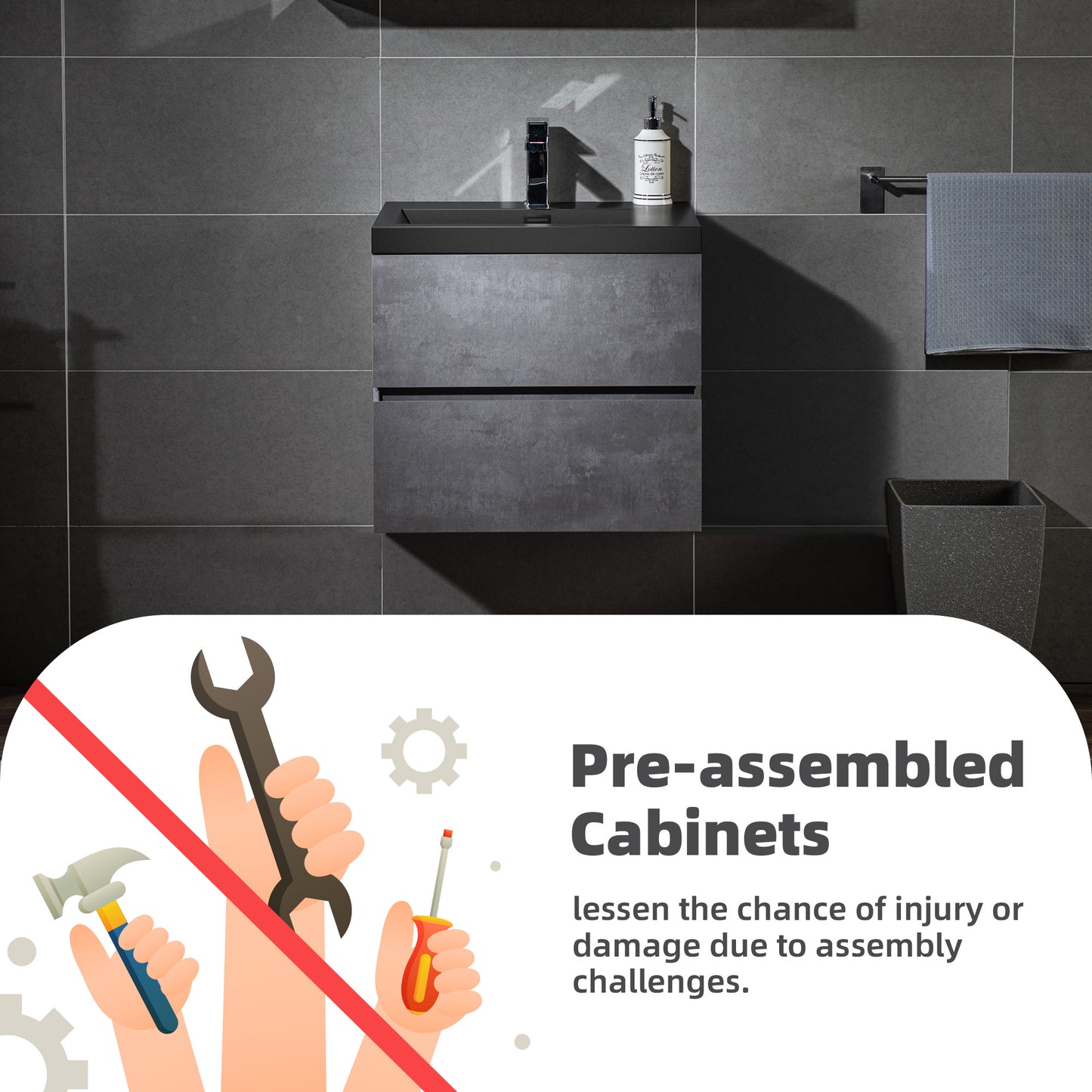 WOODBRIDGE | Floating Bathroom Vanity with Black Quartz Composite Top | Gray Finish | Matte Black Countertop Sink