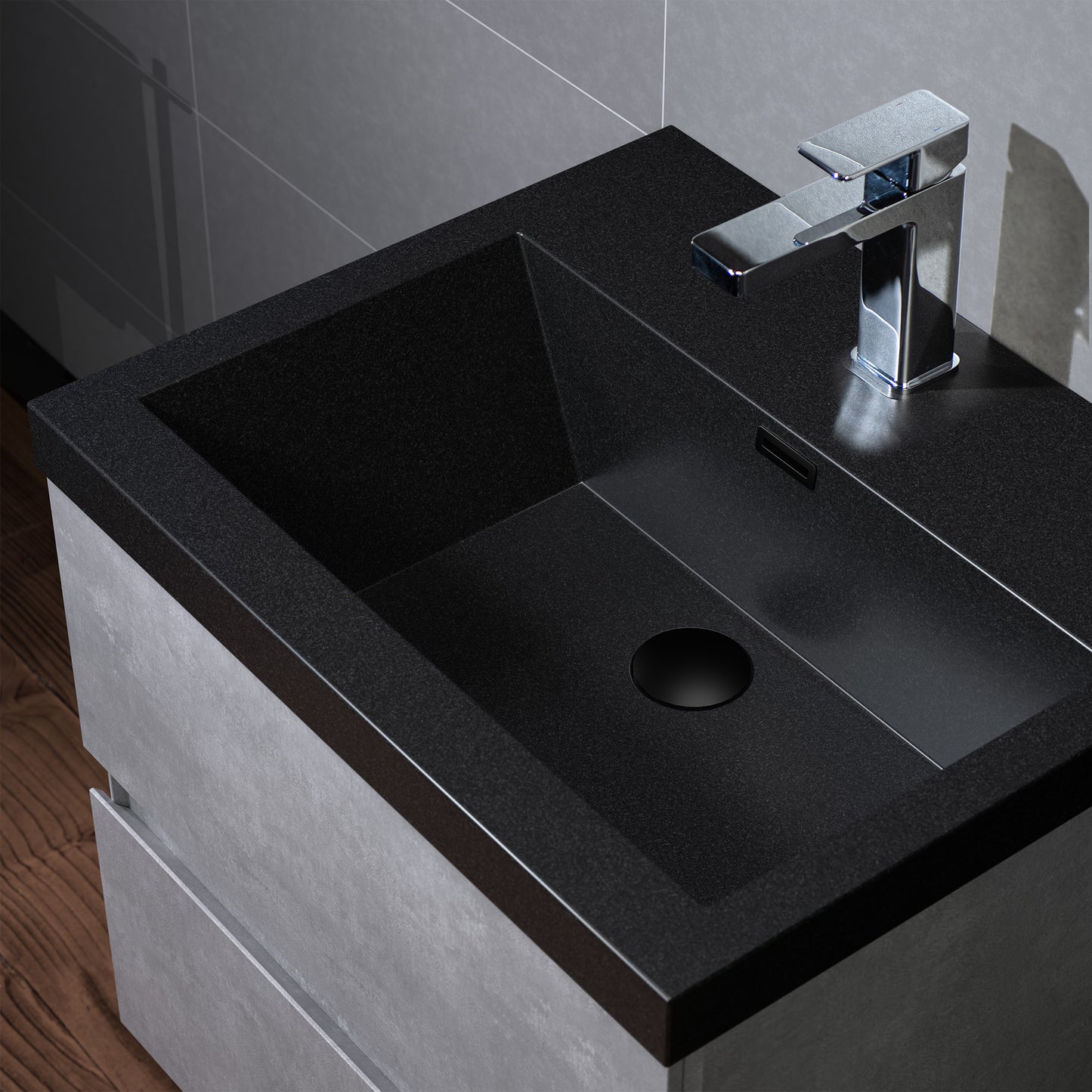 WOODBRIDGE | Floating Bathroom Vanity with Black Quartz Composite Top | Gray Finish | Matte Black Countertop Sink