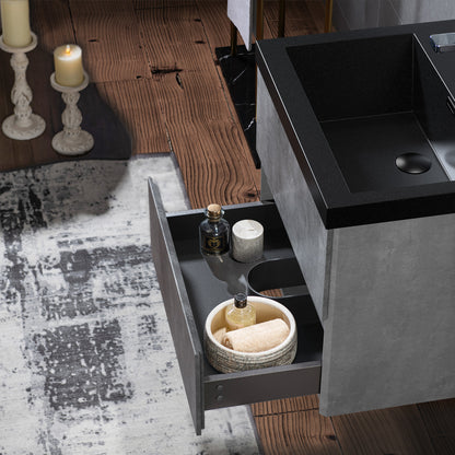 WOODBRIDGE | Floating Bathroom Vanity with Black Quartz Composite Top | Gray Finish | Matte Black Countertop Sink