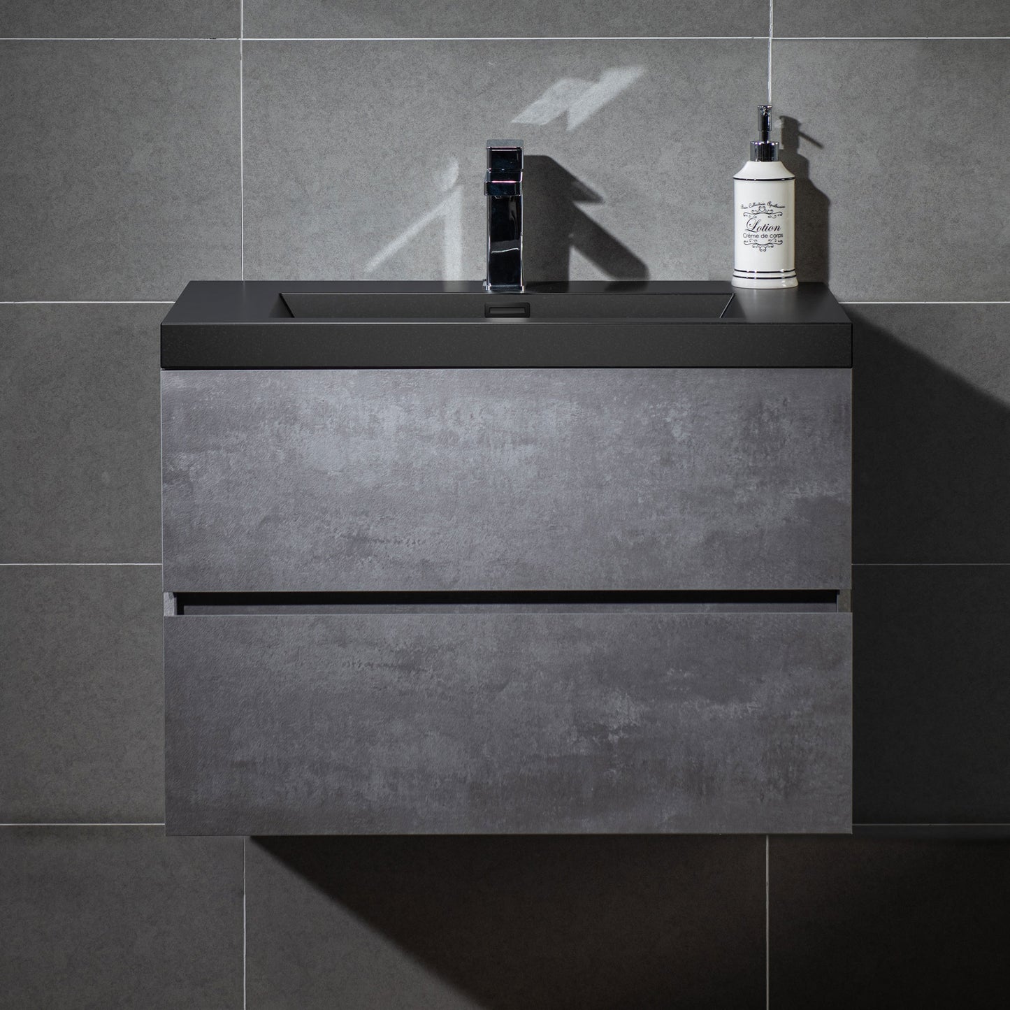 WOODBRIDGE | Floating Bathroom Vanity with Black Quartz Composite Top | Gray Finish | Matte Black Countertop Sink