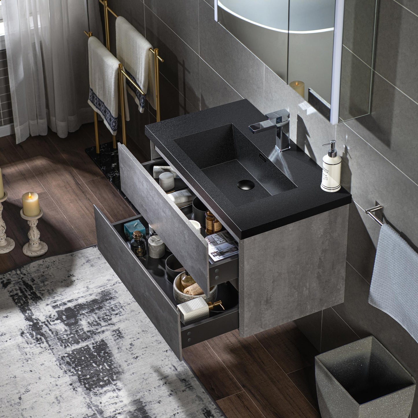 WOODBRIDGE | Floating Bathroom Vanity with Black Quartz Composite Top | Gray Finish | Matte Black Countertop Sink