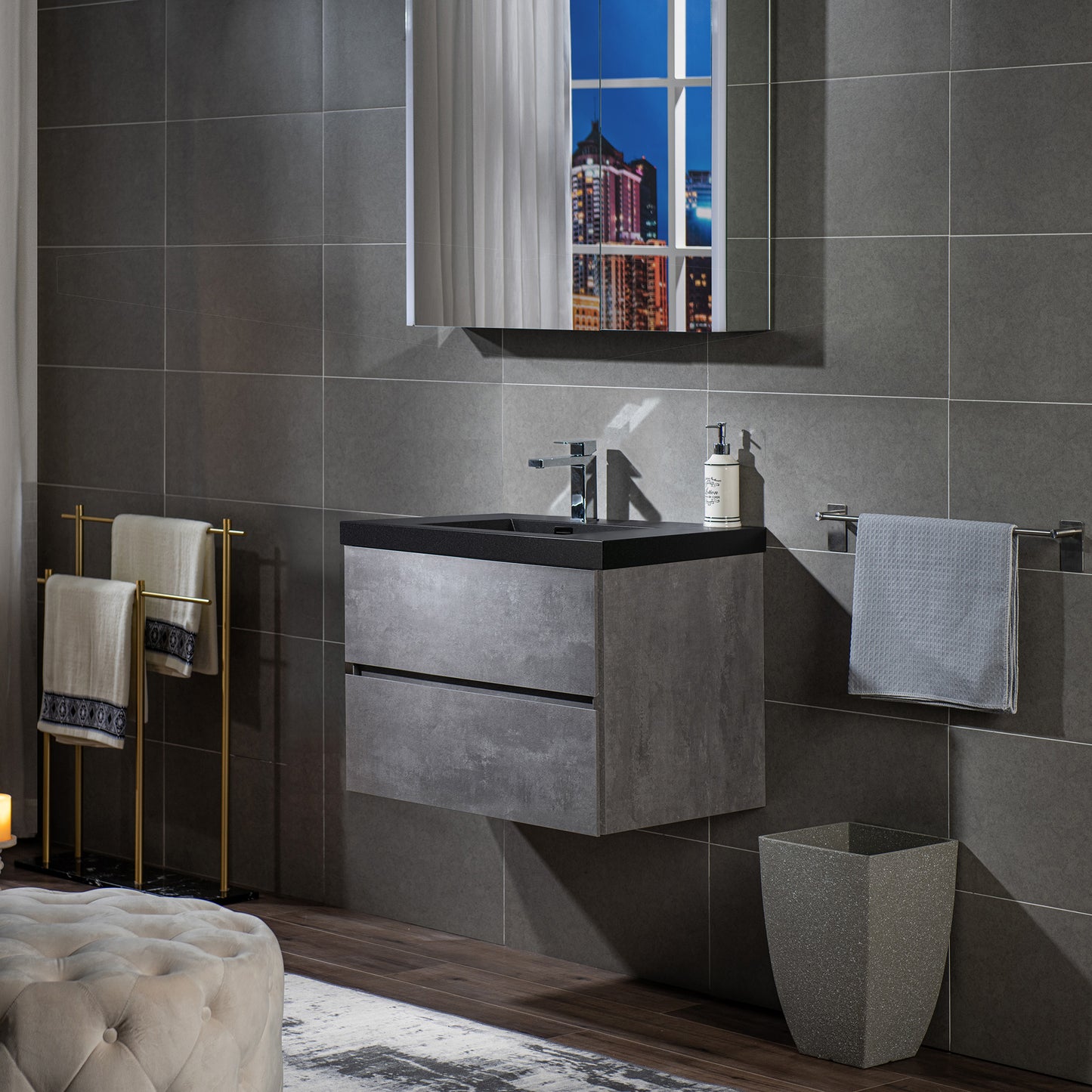 WOODBRIDGE | Floating Bathroom Vanity with Black Quartz Composite Top | Gray Finish | Matte Black Countertop Sink