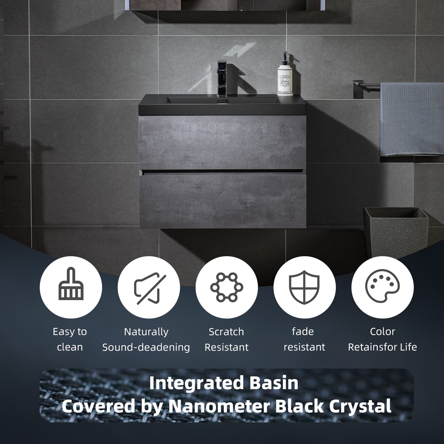 WOODBRIDGE | Floating Bathroom Vanity with Black Quartz Composite Top | Gray Finish | Matte Black Countertop Sink