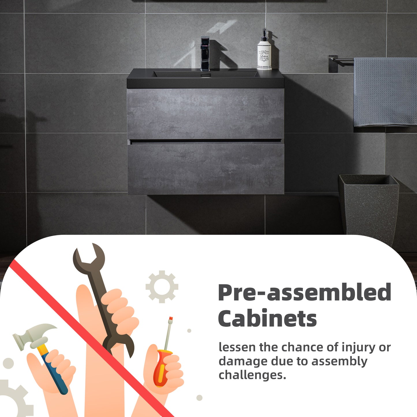 WOODBRIDGE | Floating Bathroom Vanity with Black Quartz Composite Top | Gray Finish | Matte Black Countertop Sink