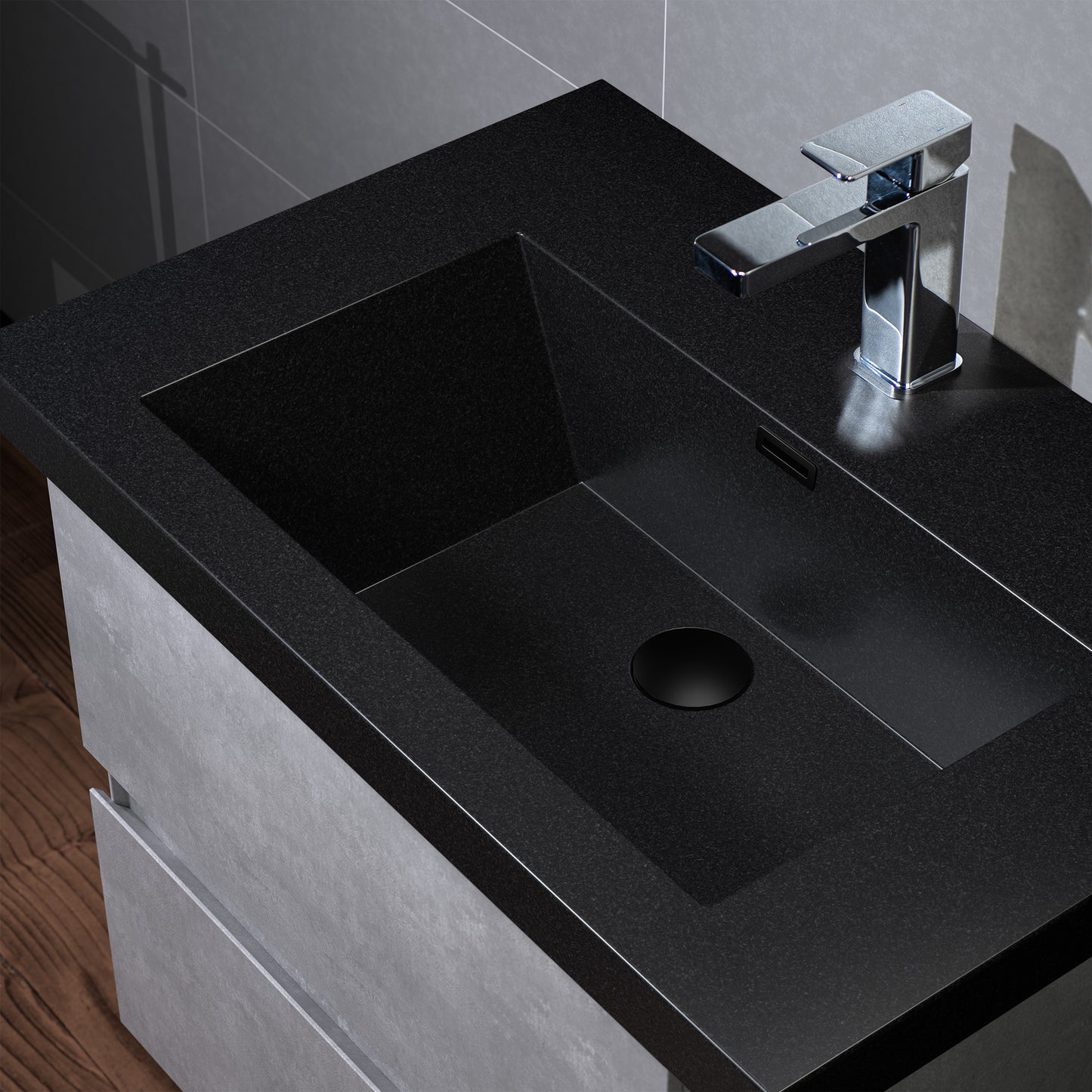 WOODBRIDGE | Floating Bathroom Vanity with Black Quartz Composite Top | Gray Finish | Matte Black Countertop Sink