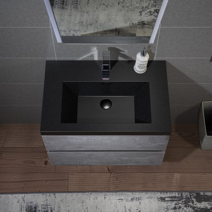 WOODBRIDGE | Floating Bathroom Vanity with Black Quartz Composite Top | Gray Finish | Matte Black Countertop Sink