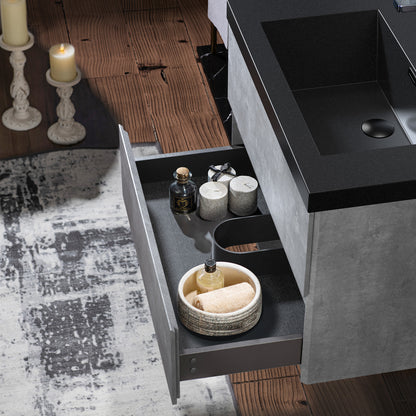 WOODBRIDGE | Floating Bathroom Vanity with Black Quartz Composite Top | Gray Finish | Matte Black Countertop Sink