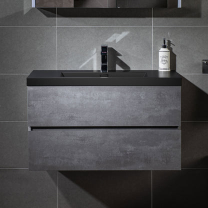 WOODBRIDGE | Floating Bathroom Vanity with Black Quartz Composite Top | Gray Finish | Matte Black Countertop Sink