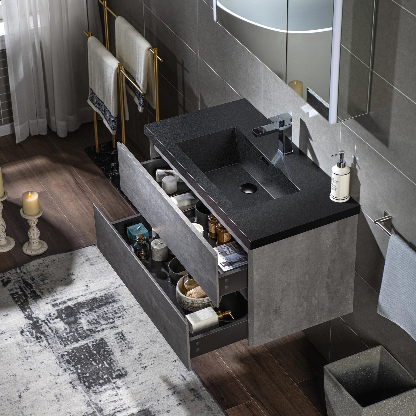 WOODBRIDGE | Floating Bathroom Vanity with Black Quartz Composite Top | Gray Finish | Matte Black Countertop Sink