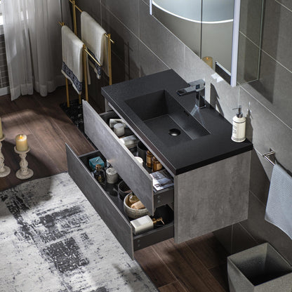 WOODBRIDGE | Floating Bathroom Vanity with Black Quartz Composite Top | Gray Finish | Matte Black Countertop Sink